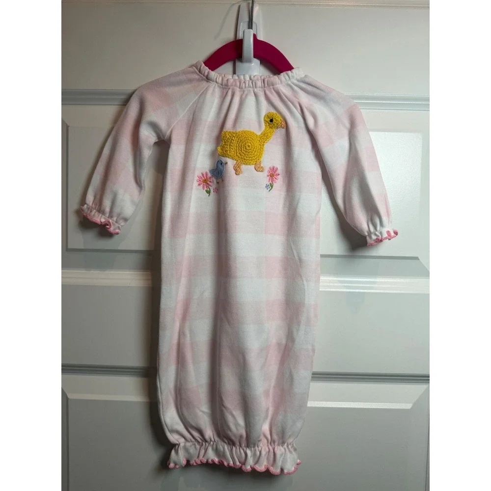 2. Mud Pie Pink Gingham Crochet Duck Baby Gown Sleeper 0-3 Months